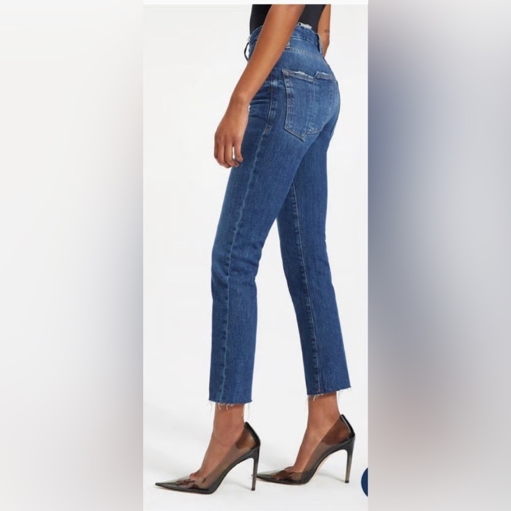 Good American Straight Indigo Ankle Cropped Distressed Jeans
